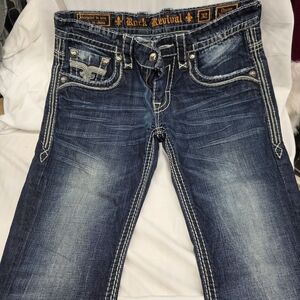 Rock Revival Dark Blue Jeans with White Stitching
